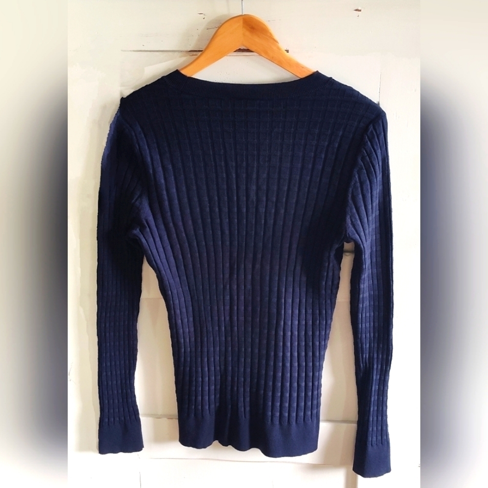 Ann Taylor Factory Women's Navy Waffle Knit Pullover Crewneck Sweater | Lg - Picture 2 of 4